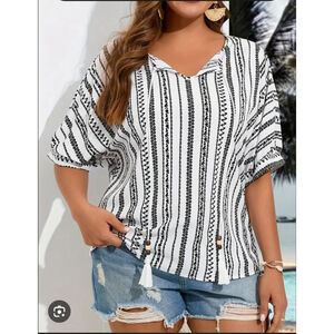Boho Black & White Tassel Top – Size 5X – Beachy Chic Vibes (Plus Size)